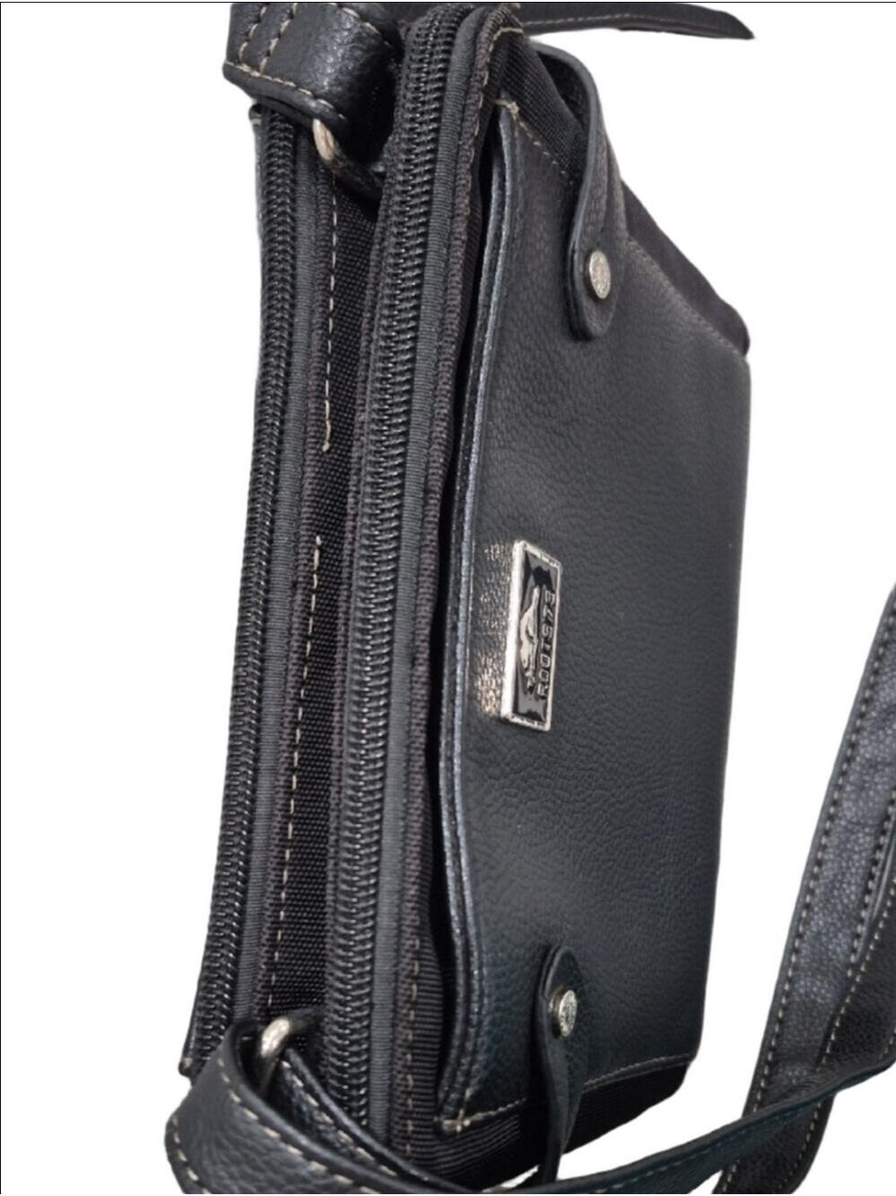 Roots 73 Black Pebbled Vegan Leather Crossbody Bag Triple Zip Multi-Pocket Purse - Picture 8 of 16